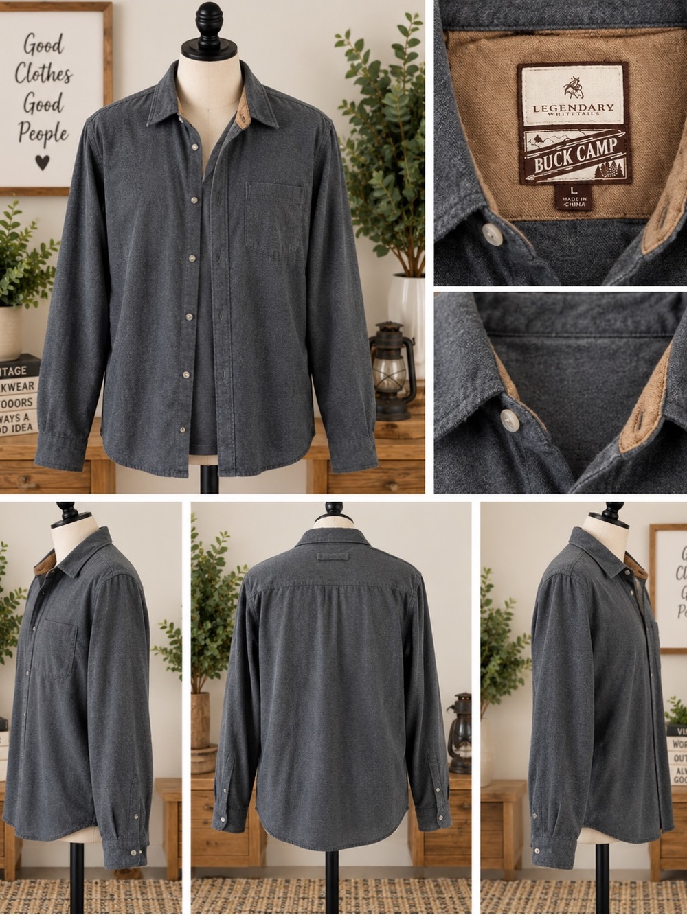 Legendary Whitetails Men's Charcoal Gray Button-Down with Suede Collar Trim